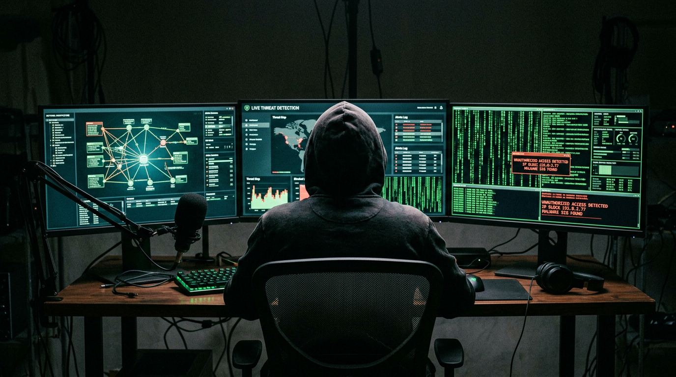 Person in hoodie at cybersecurity workstation with multiple monitors showing threat detection