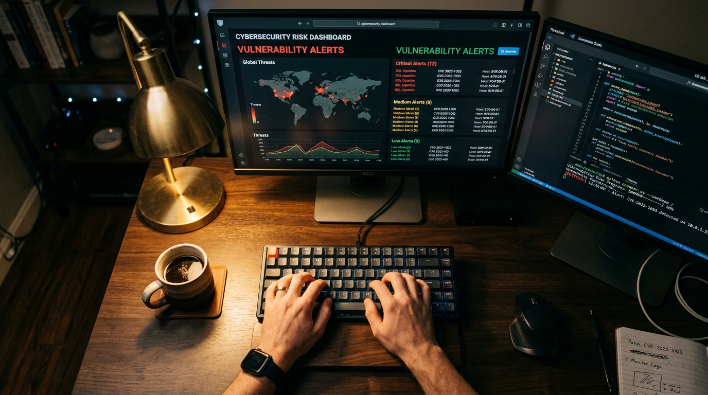 Developer hands on keyboard with security vulnerability dashboard showing alerts