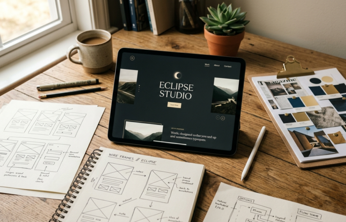 iPad Pro displaying a dark-themed website design surrounded by wireframe sketches on paper