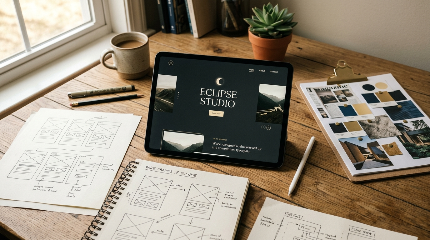 iPad Pro displaying a dark-themed website design surrounded by wireframe sketches on paper