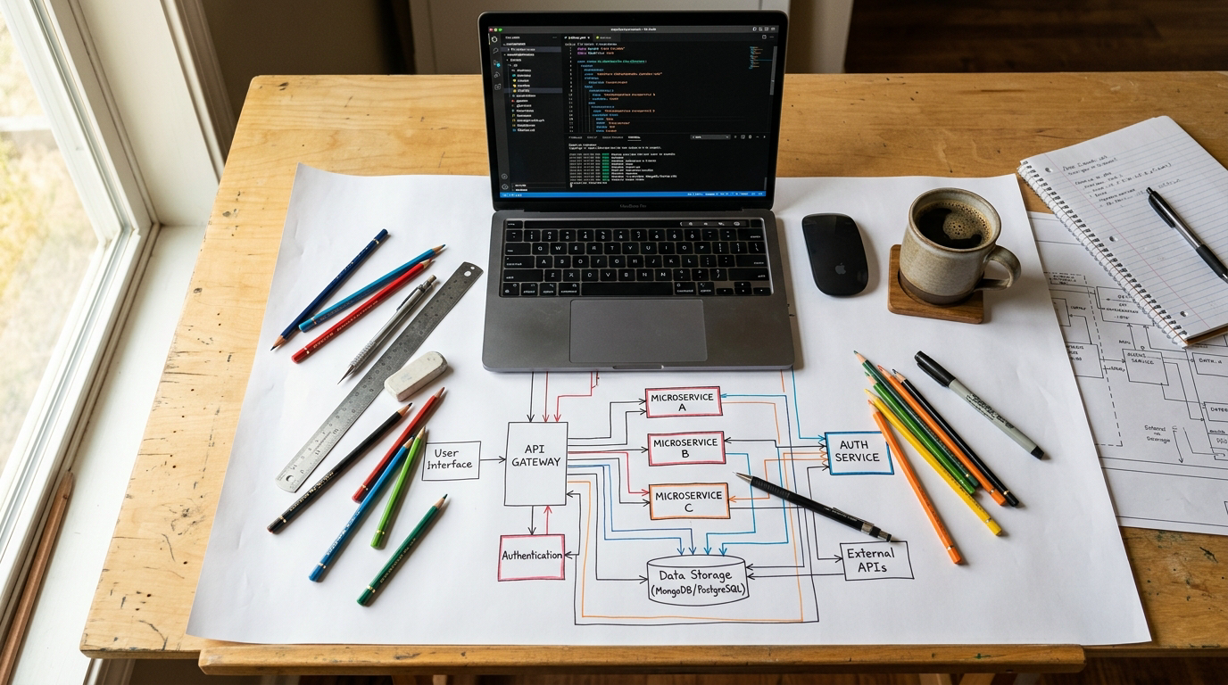 Desk with system architecture diagrams, laptop with code editor, and coffee