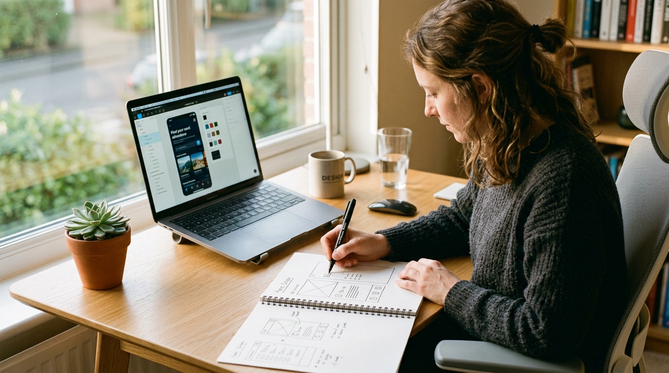 Designer sketching wireframes on paper with MacBook showing UI mockup