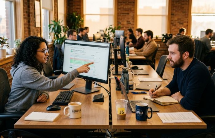 Developer alone at desk late at night with alert dashboards on multiple monitors