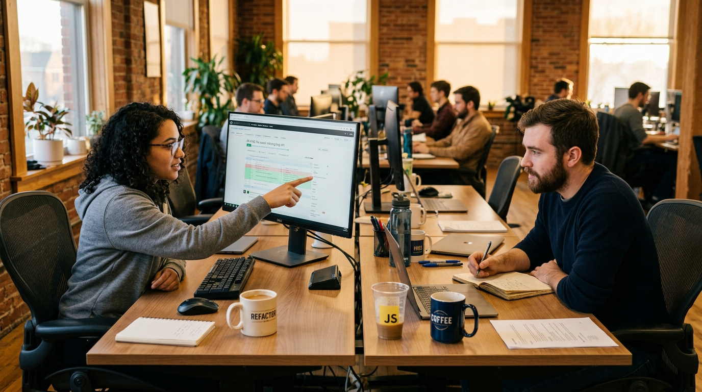 Developer alone at desk late at night with alert dashboards on multiple monitors