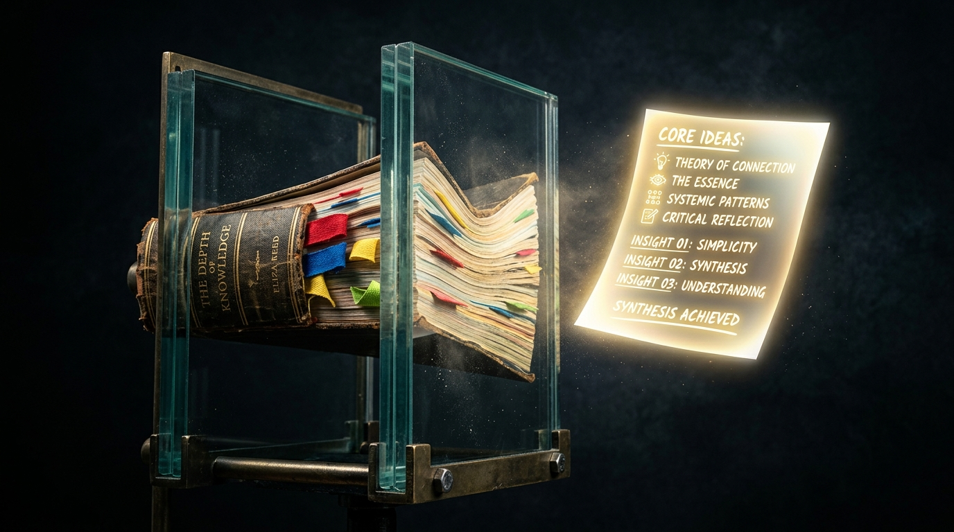 Thick book compressed between glass plates with single glowing page emerging