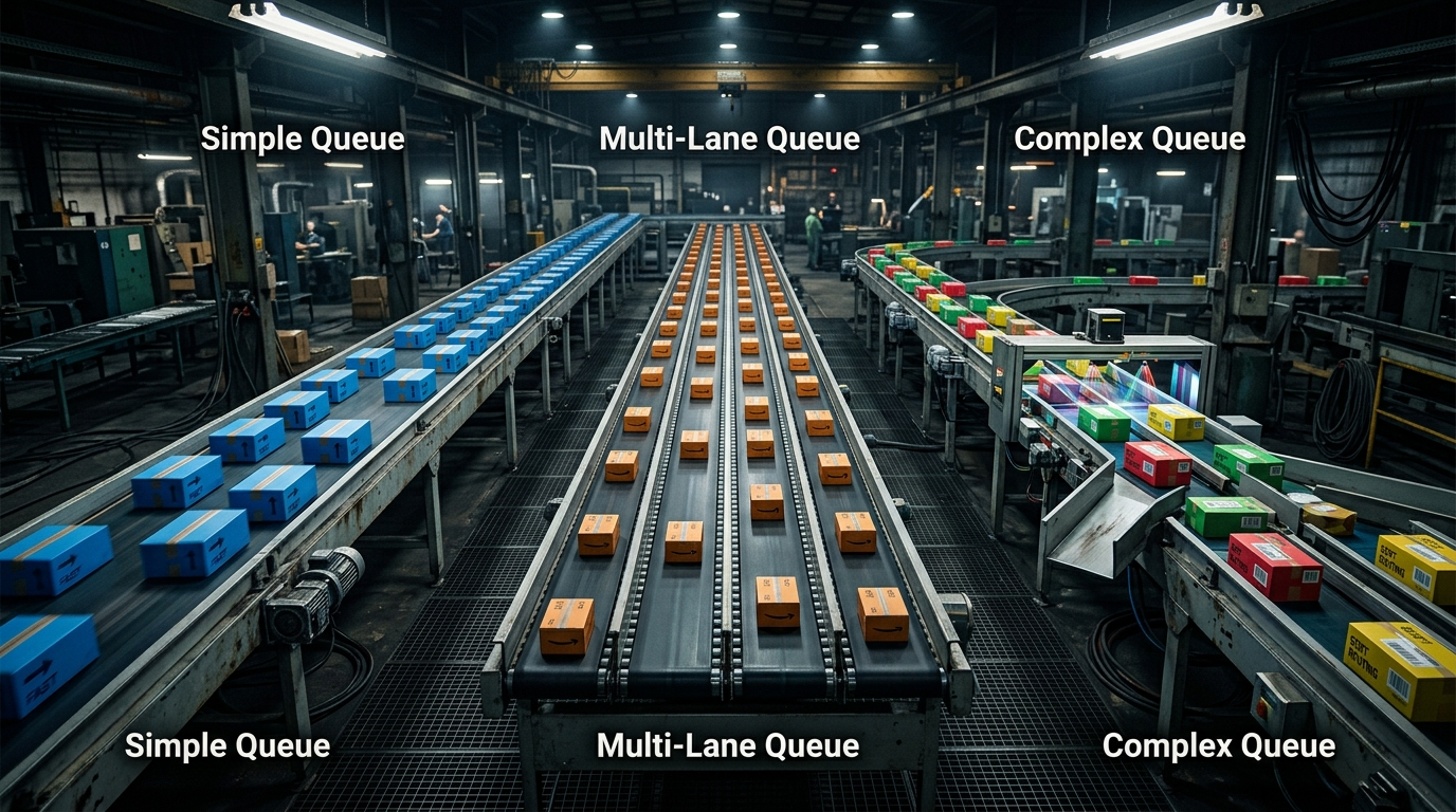 Three conveyor belt systems side by side in factory with different speeds