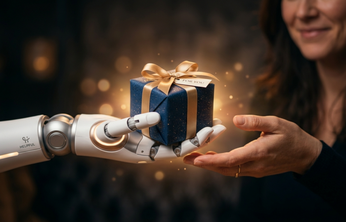 Friendly robot hand offering gift-wrapped box to human hand