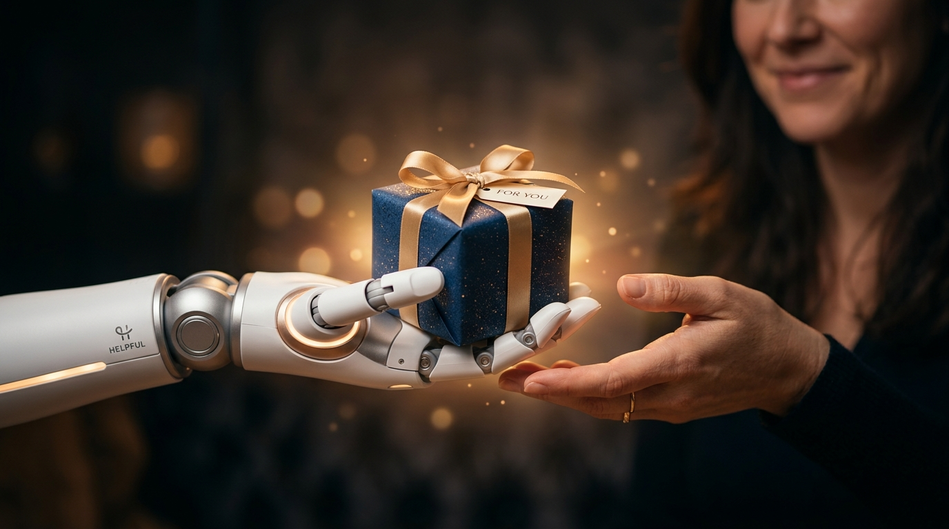 Friendly robot hand offering gift-wrapped box to human hand